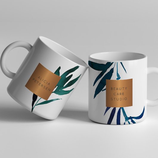 美しいサロン名glam銅水色の葉 コーヒーマグカップ