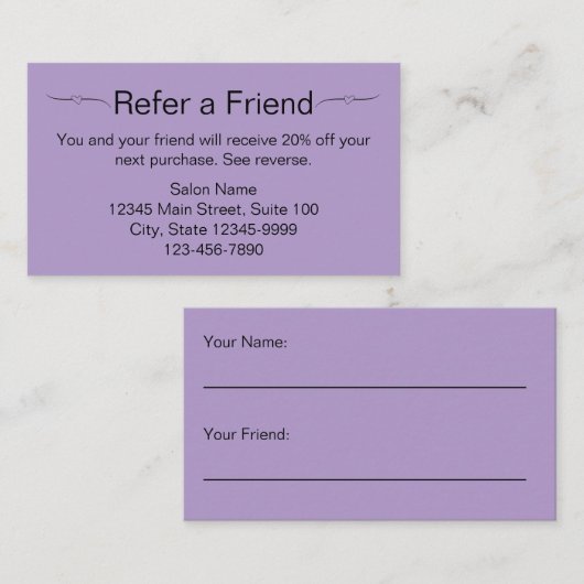 美しいサロン淡い色のパープルブラックフレンドカードを参照 予約カード (正面/裏面)