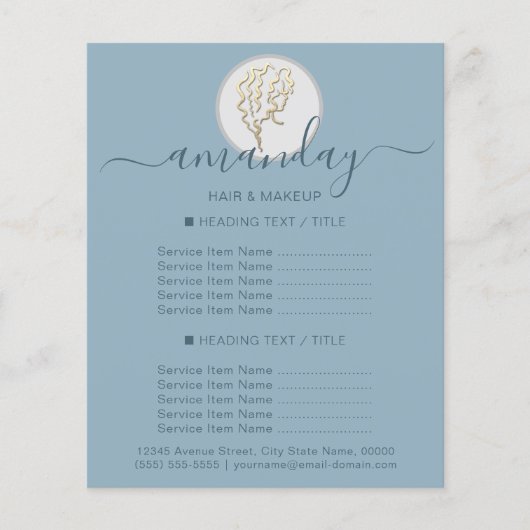 美しいサロン美容師ロゴ金ゴールドスモーキーブルー チラシ (正面)