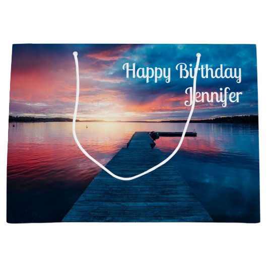 美しいサンセットオンア穏やかな湖誕生日 ラージペーパーバッグ (正面)