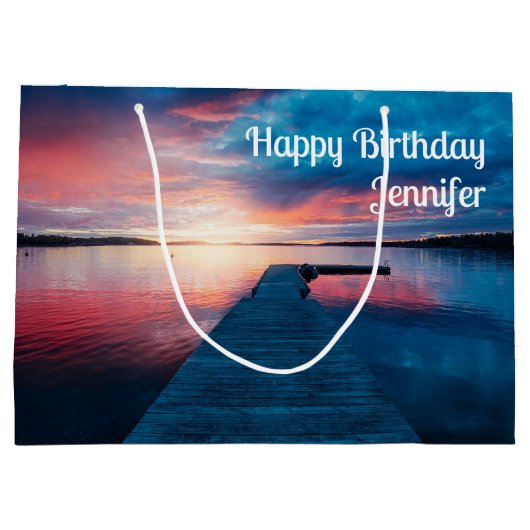 美しいサンセットオンア穏やかな湖誕生日 ラージペーパーバッグ (裏面)