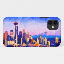 美しいシアトルスカイラインサンセットカラーウォーターカラー