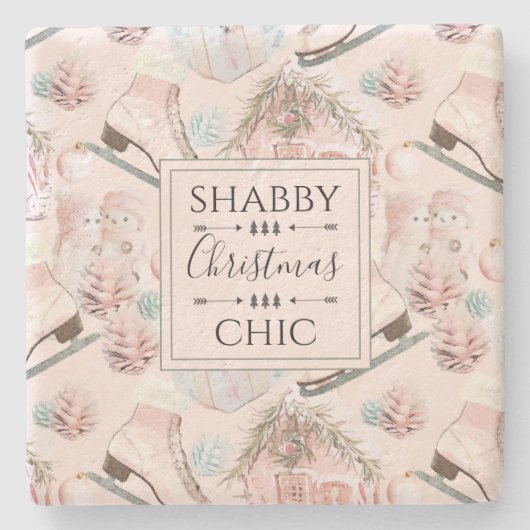 美しいシックなピンクのクリスマスパターン ストーンコースター (正面)