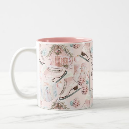 美しいシックなピンクのクリスマスパターン ツートーンマグカップ (左)