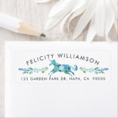 美しいシックなブルーフローラお洒落ユニコーンホース ラベル (インサイチュ)