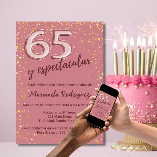 美しいシックなローズゴールドの65歳の誕生日スペイン語 招待状