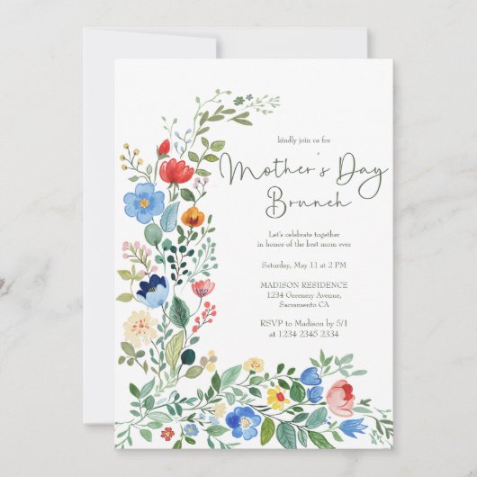 美しいシックなワイルドフラワーマザーズデイブランチ 招待状 (正面)
