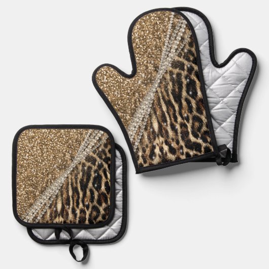 美しいシックガーリーレオパード印刷金ゴールドグリッター 鍋つかみ&鍋敷きセット (正面/裏面)