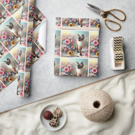 美しいシャム猫と花 ラッピングペーパー