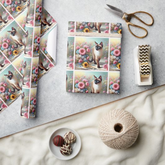 美しいシャム猫と花 ラッピングペーパー (クラフト)