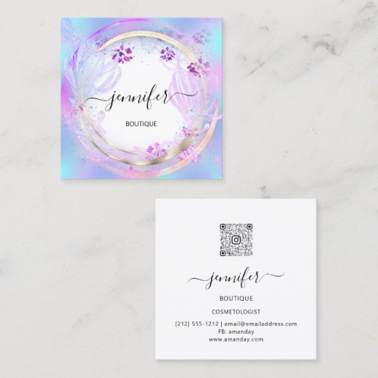 美しいショップソファ白ピンクフローラQRコードロゴ スクエア名刺 (正面/裏面)