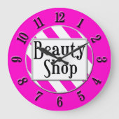 美しいショップピンクホワイトストライプのレトロウォールクロック ラージ壁時計 (正面)