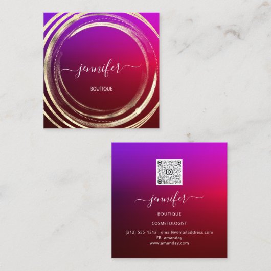 美しいショップフレーム金ゴールドレッドブルゴーニュQRコードロゴ スクエア名刺 (正面/裏面)