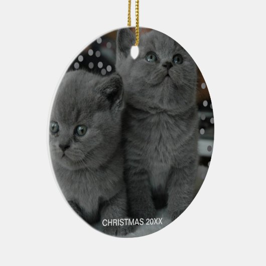 美しいシルバーグレーキティ猫と編集可能文字 セラミックオーナメント (右)