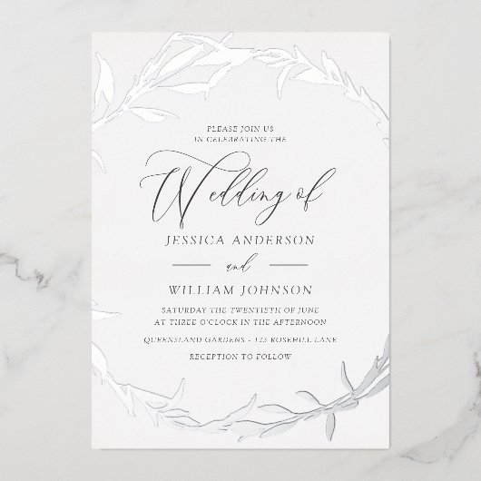 美しいシルバーリーフリースフォイル結婚ズ 箔招待状 (正面)