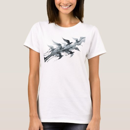美しいシルバー抽象鳥のウェアラブルアート Tシャツ (正面)