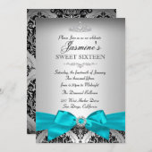 美しいシルバー & ティール ダマスク スイート16 誕生日招待状 招待状 (正面/裏面)