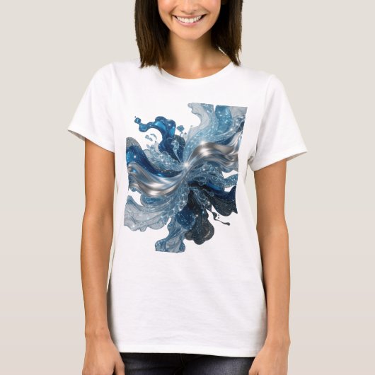 美しいシルバー WATER'S WAVE 3D テキストアート Tシャツ (正面)