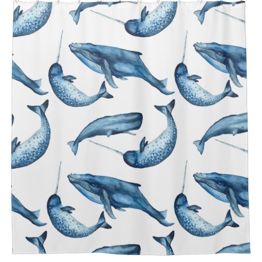 美しいシロナガスクジラおよびNarwhalsのシャワー・カーテン シャワーカーテン (正面)