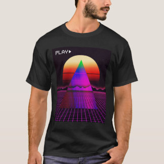 美しいシンセウェーブのオートラン様式グリッド 日没・日の出 Tシャツ
