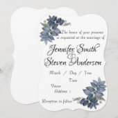 美しいシンプルな青い葉のウェディング 招待状 (正面/裏面)