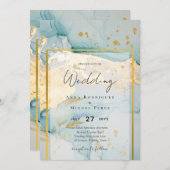 美しいシーグラスゴールドの結婚式招待状（ターコイズ） 招待状 (正面/裏面)