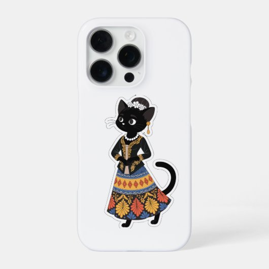 美しいジャワ風ブラックキャット - トラディショナルケバヤ姿 iPhoneケース (裏面)