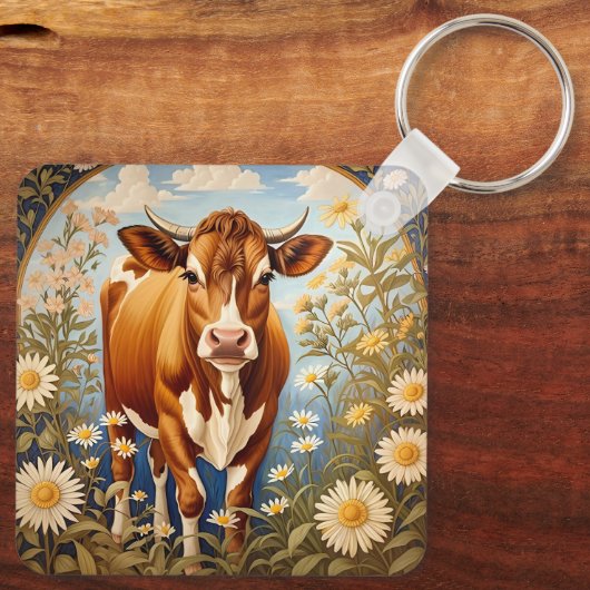 美しいジャージーカウインデイジーフィールドヴィンテージ キーホルダー (裏面)
