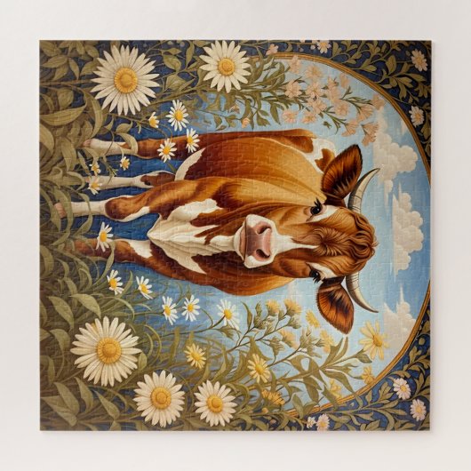 美しいジャージーカウインデイジーフィールドヴィンテージ ジグソーパズル (横)