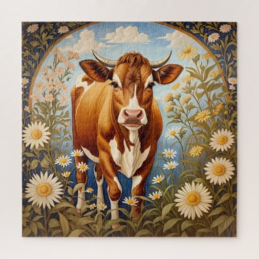 美しいジャージーカウインデイジーフィールドヴィンテージ ジグソーパズル (縦)