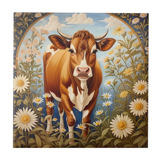 美しいジャージーカウインデイジーフィールドヴィンテージ タイル (正面)