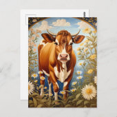 美しいジャージーカウインデイジーフィールドヴィンテージ ポストカード (正面/裏面)