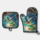美しいスイミングウミガメのキルティング 鍋つかみ&鍋敷きセット (正面)