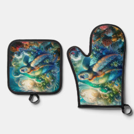 美しいスイミングウミガメのキルティング 鍋つかみ&鍋敷きセット
