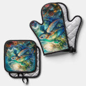 美しいスイミングウミガメのキルティング 鍋つかみ&鍋敷きセット (正面/裏面)