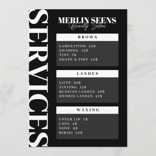 美しいスキンケアサロントリートメントメニューデザインブラック メニュー (正面)