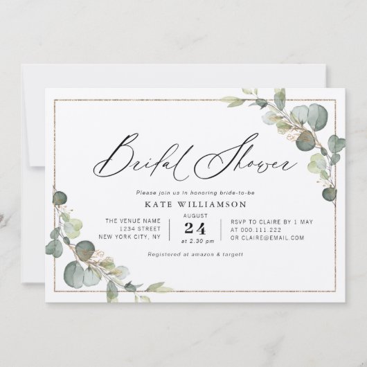 美しいスクリプトの緑のフレームブライダルシャワー 招待状 (正面)
