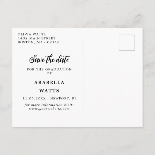 美しいスクリプト卒業の写真日付を保存 案内ポストカード (裏面)