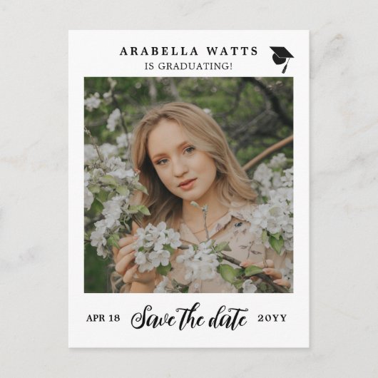 美しいスクリプト卒業の写真日付を保存 案内ポストカード (正面)