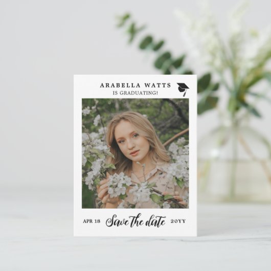 美しいスクリプト卒業の写真日付を保存 案内ポストカード (スタンド正面)