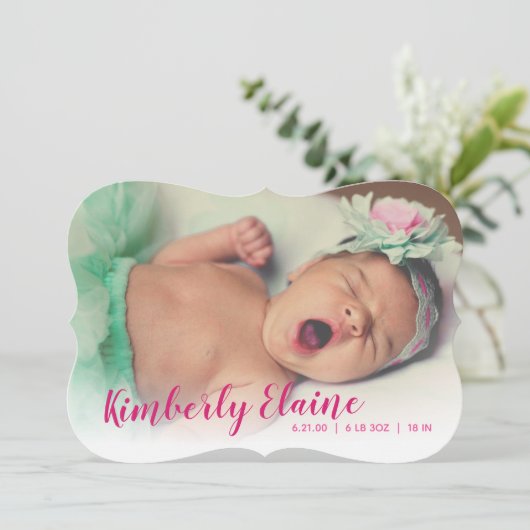 美しいスクリプト新生児写真アナウンスメントカード 案内状 (スタンド正面)