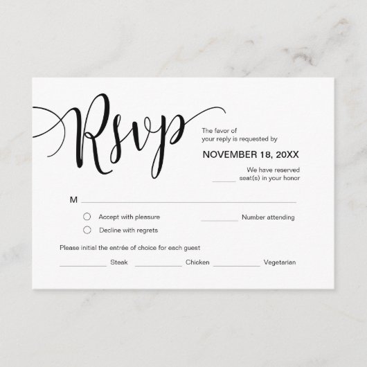 美しいスクリプト、RSVP、黒、応答 エンクロージャーカード (正面)