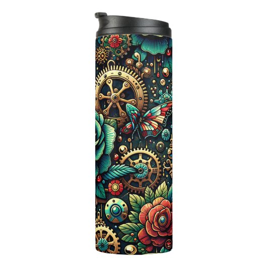 美しいスチームパンクをテーマにしたギアとバラ タンブラー (回転右)