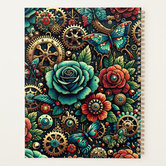 美しいスチームパンクをテーマにしたギアとバラ プランナー手帳 (裏面)