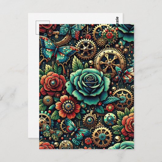 美しいスチームパンクをテーマにしたギアとバラ ポストカード (正面/裏面)