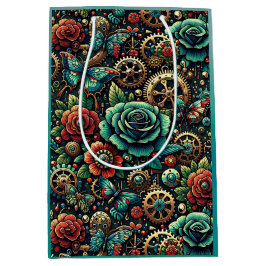 美しいスチームパンクをテーマにしたギアとバラ ミディアムペーパーバッグ