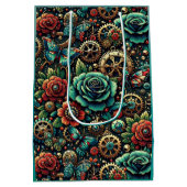 美しいスチームパンクをテーマにしたギアとバラ ミディアムペーパーバッグ (裏面)