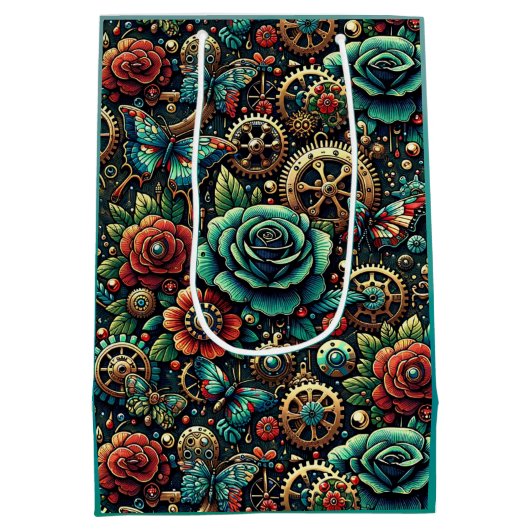 美しいスチームパンクをテーマにしたギアとバラ ミディアムペーパーバッグ (裏面)