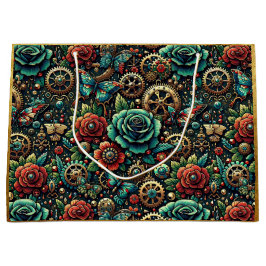 美しいスチームパンクをテーマにしたギアとバラ ラージペーパーバッグ