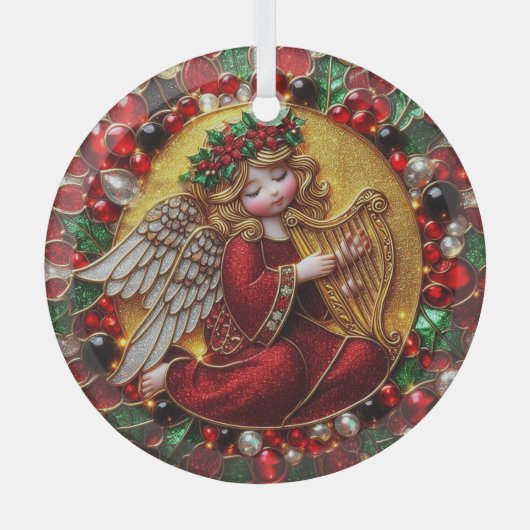 美しいステンドグラスのクリスマス天使 ガラスオーナメント (正面)